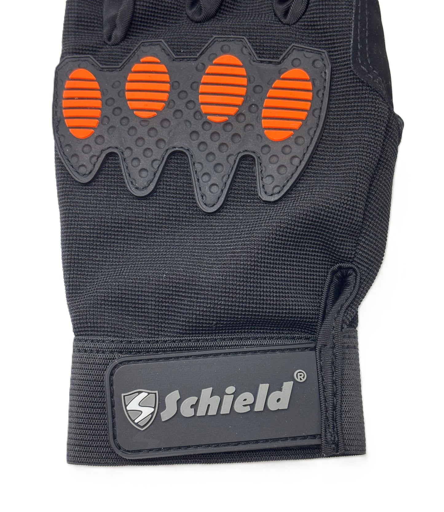 Black glove with orange accents and Schield logo on a white background