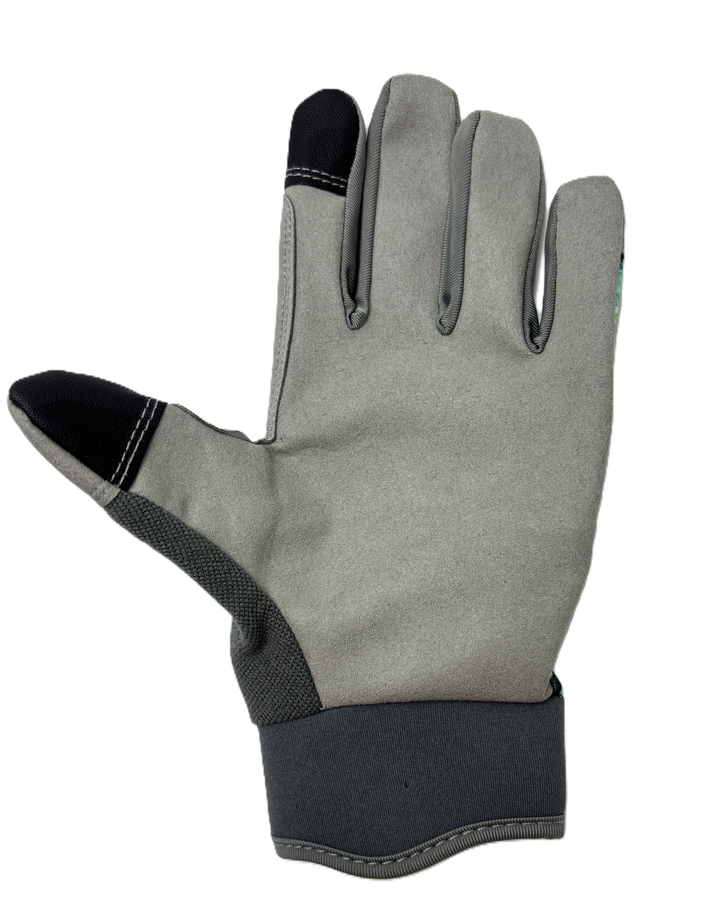 Gray glove with black accents on a white background