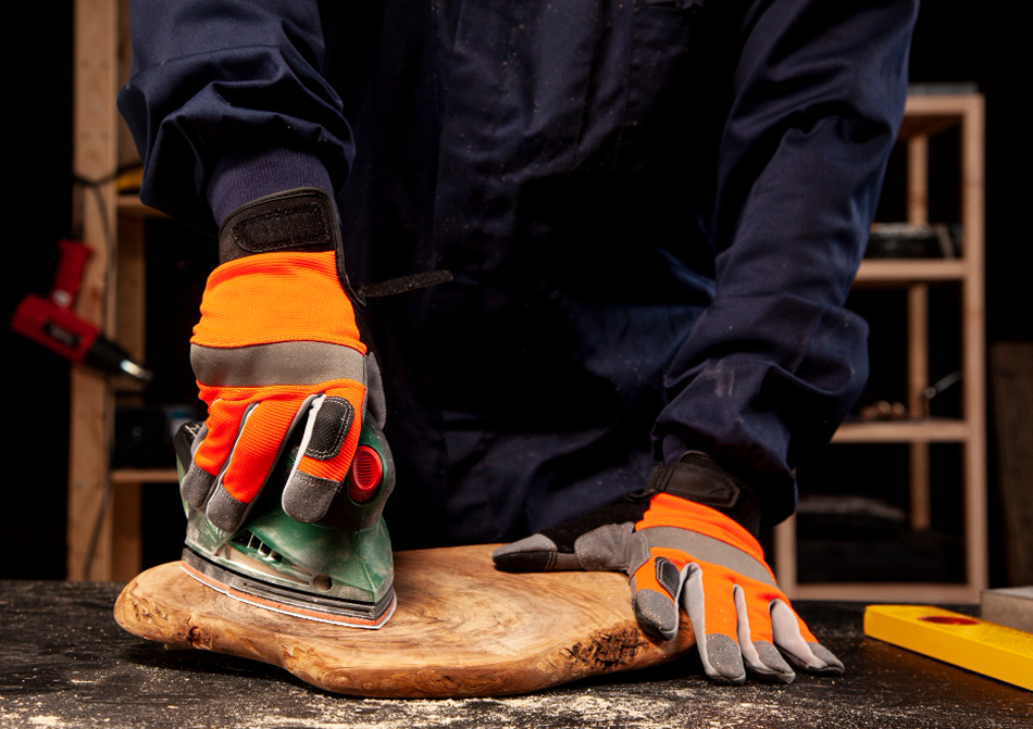 Person sanding a wooden surface with orange gloves in a workshop setting