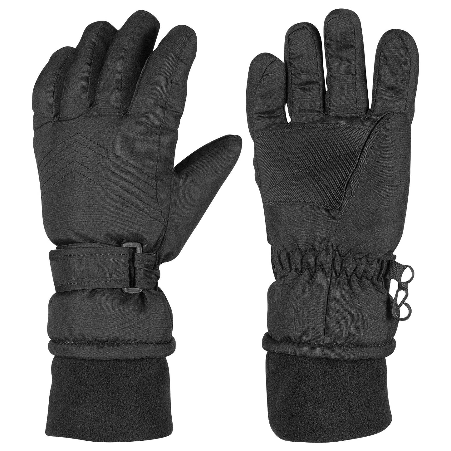Pair of black gloves with a buckle on a white background