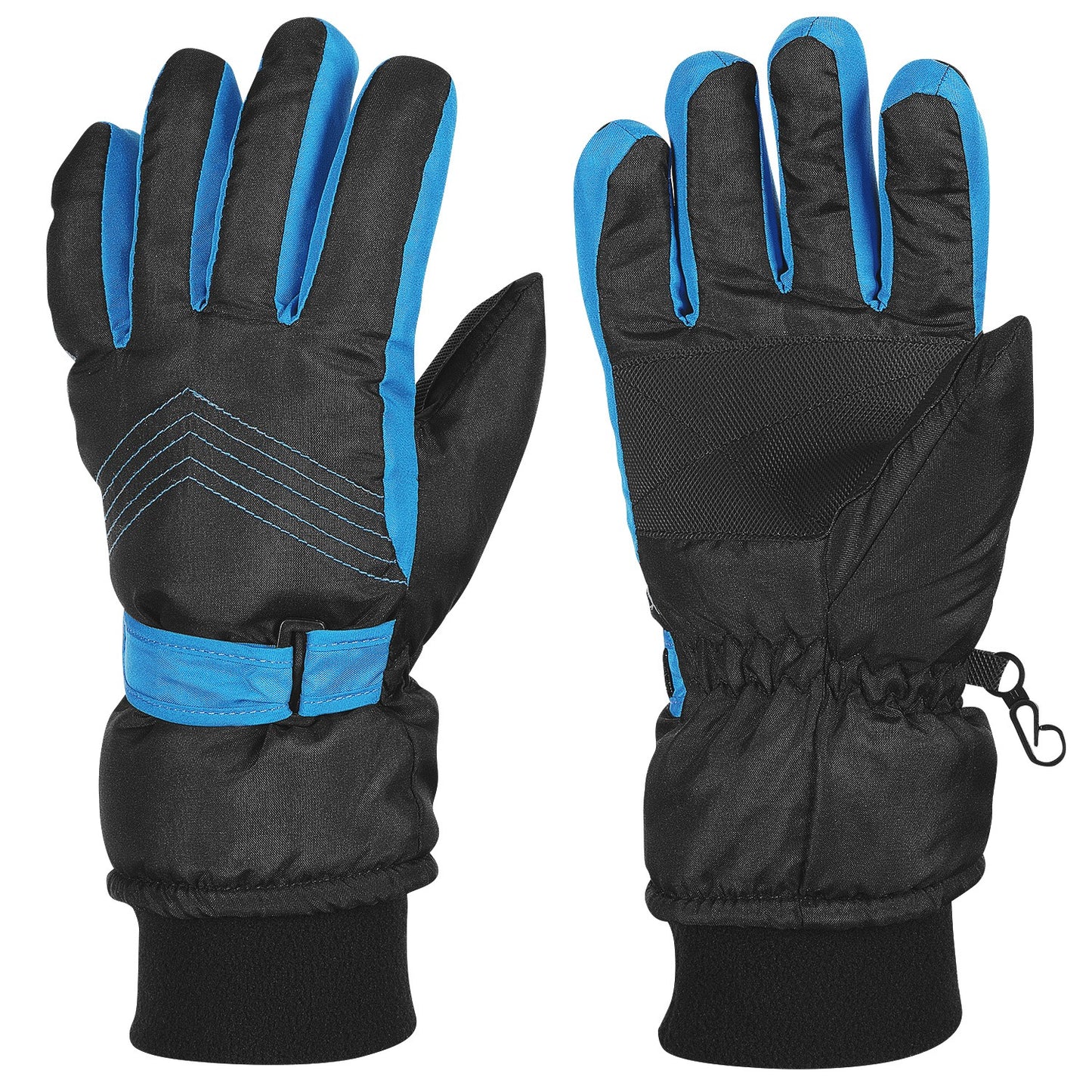 Black gloves with blue accents on a white background