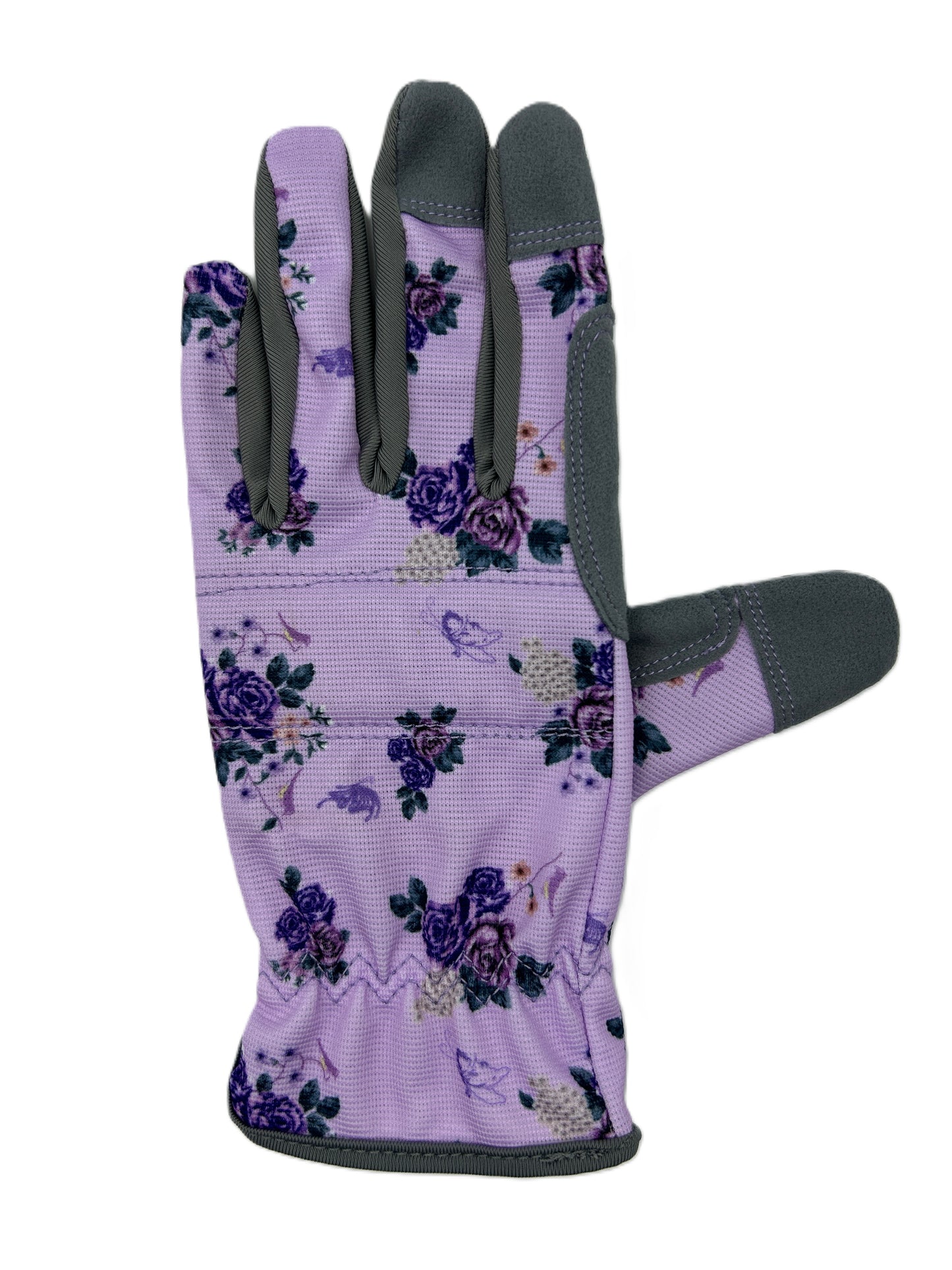 Purple gardening glove with floral pattern on a white background