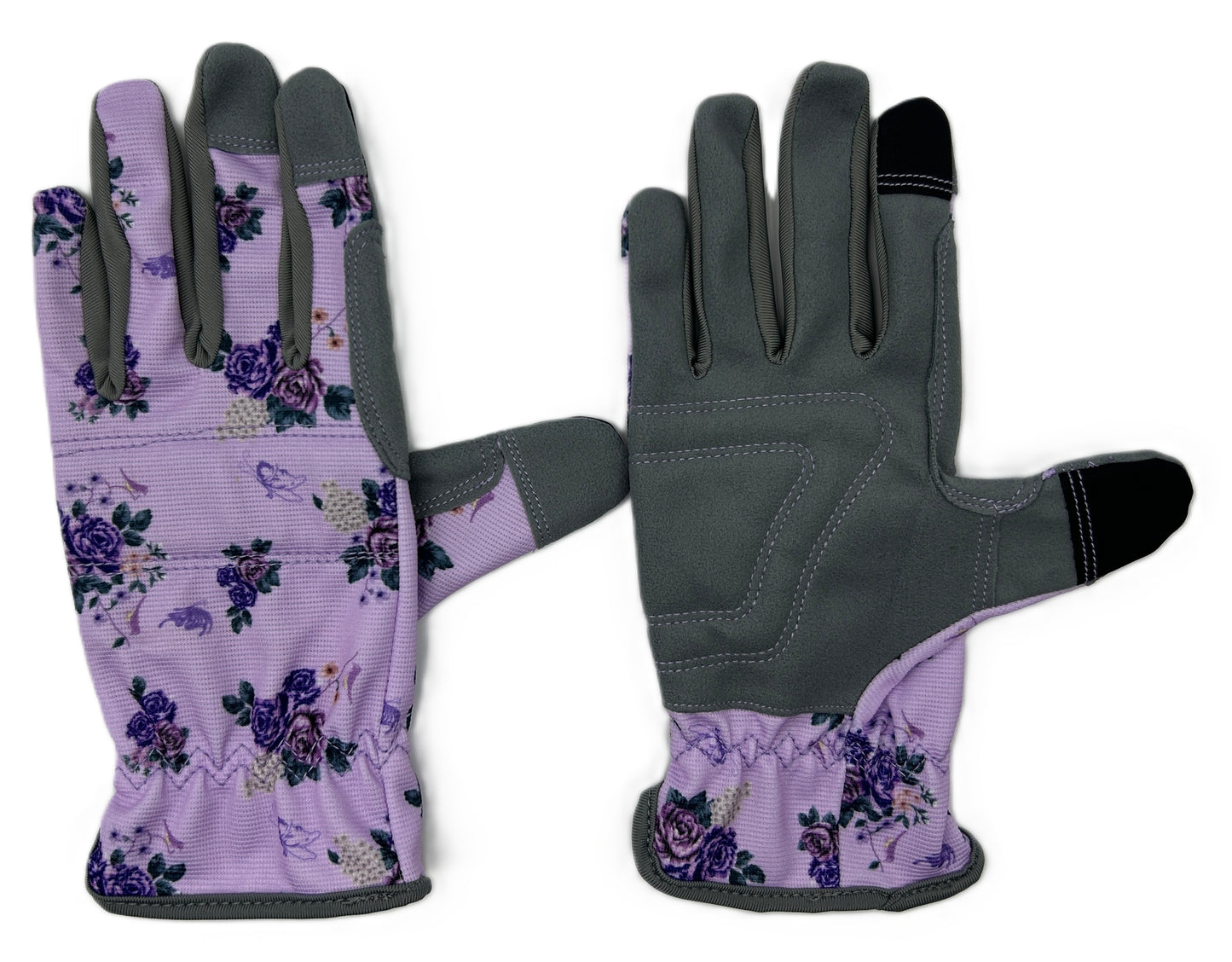 Pair of gardening gloves with floral pattern on a white background