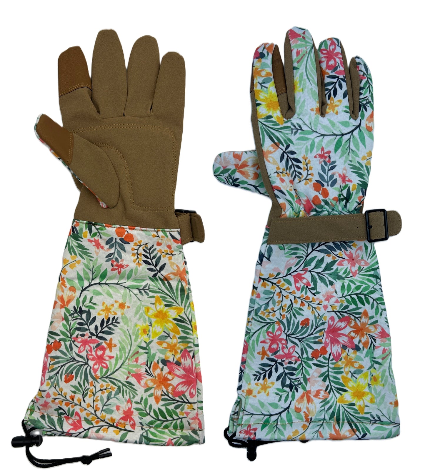 Pair of gloves with floral pattern and brown accents on a white background