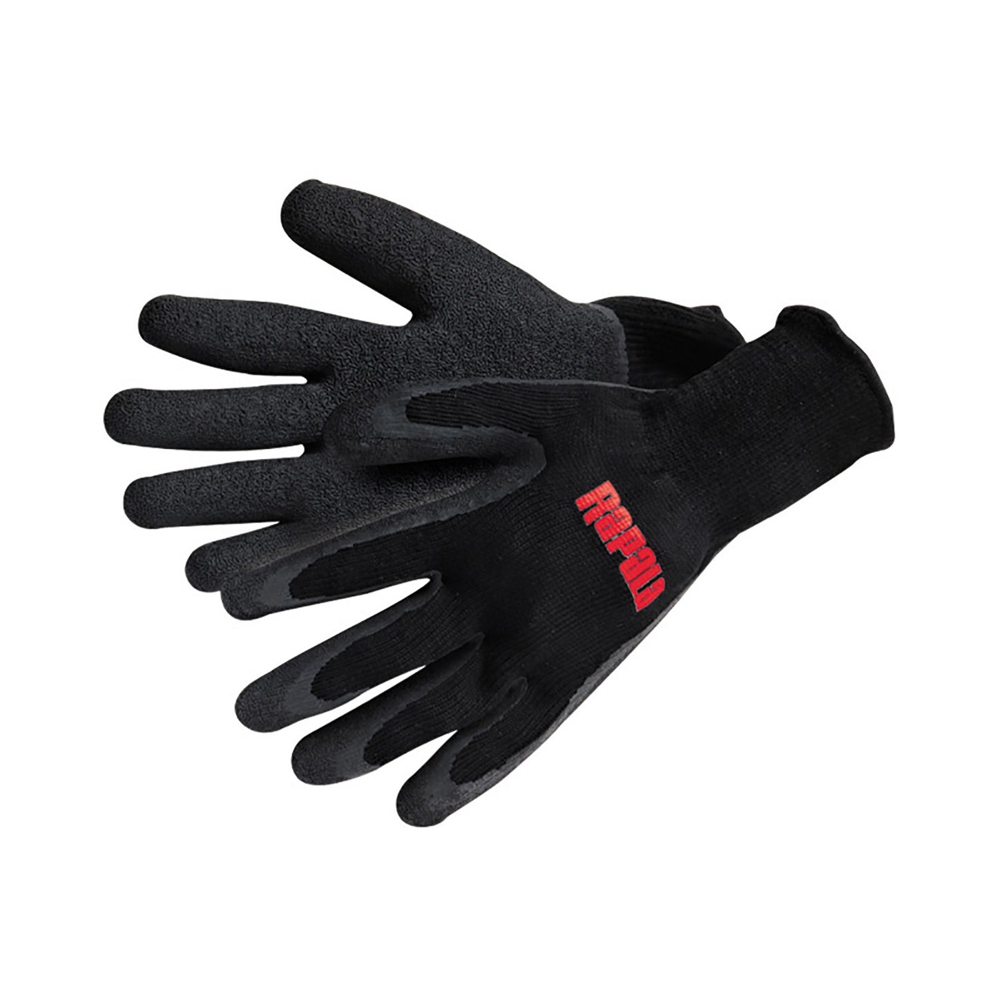 Black gloves with a red logo on a white background