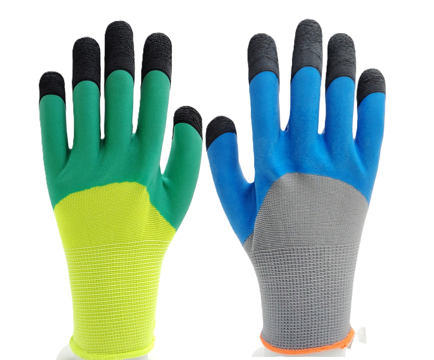 Pair of gardening gloves with green, blue, and gray color options on a white background
