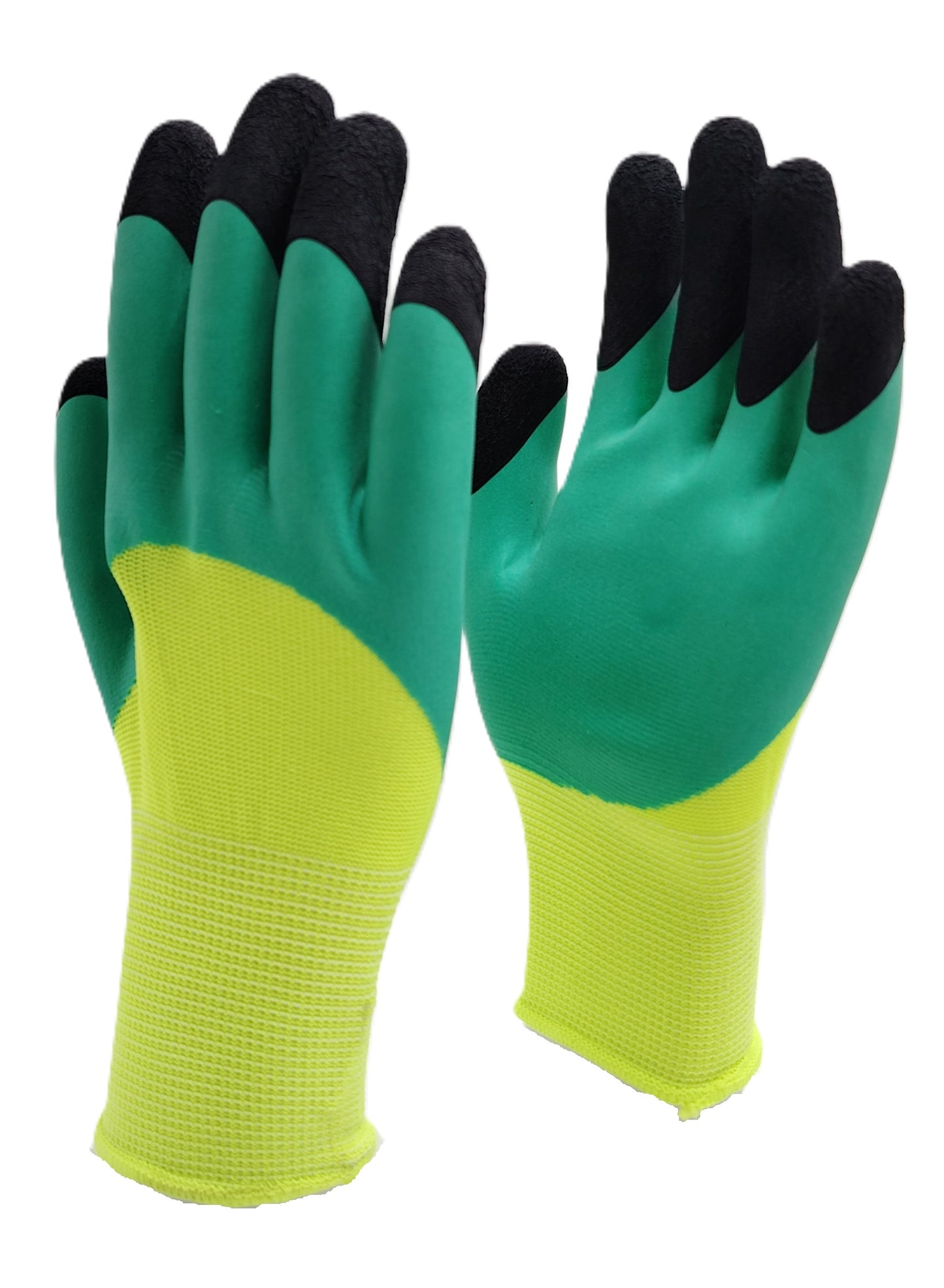 Pair of green and yellow gardening gloves with black cuffs on a white background