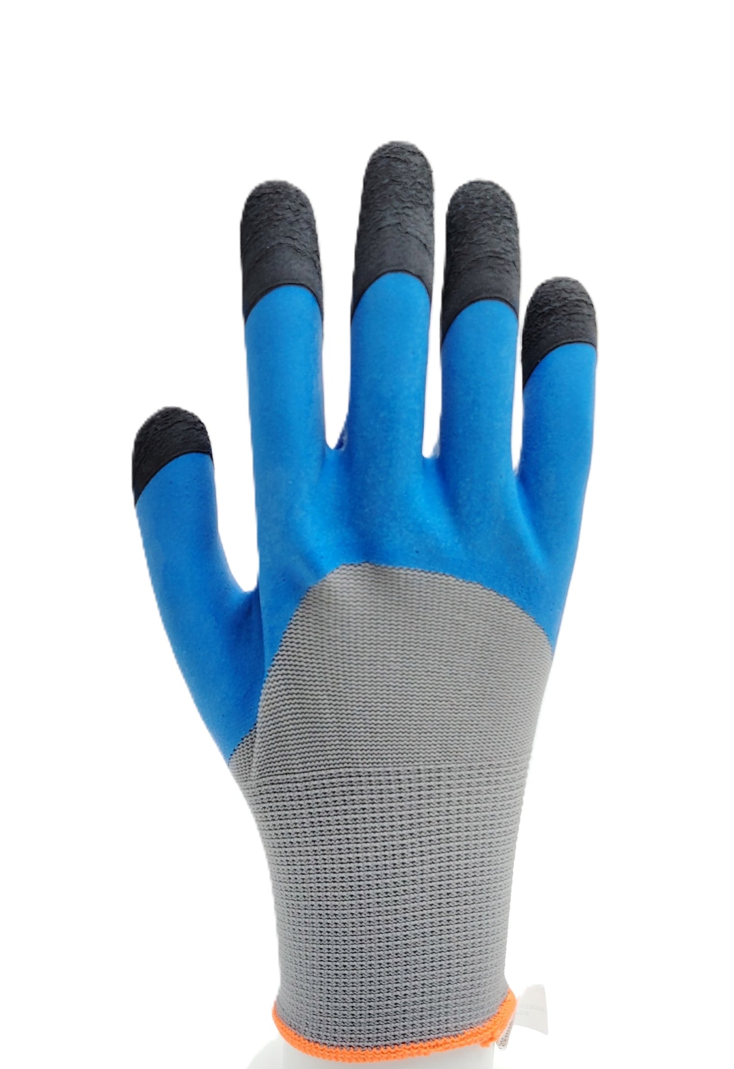 Glove with blue palm and gray back on a white background