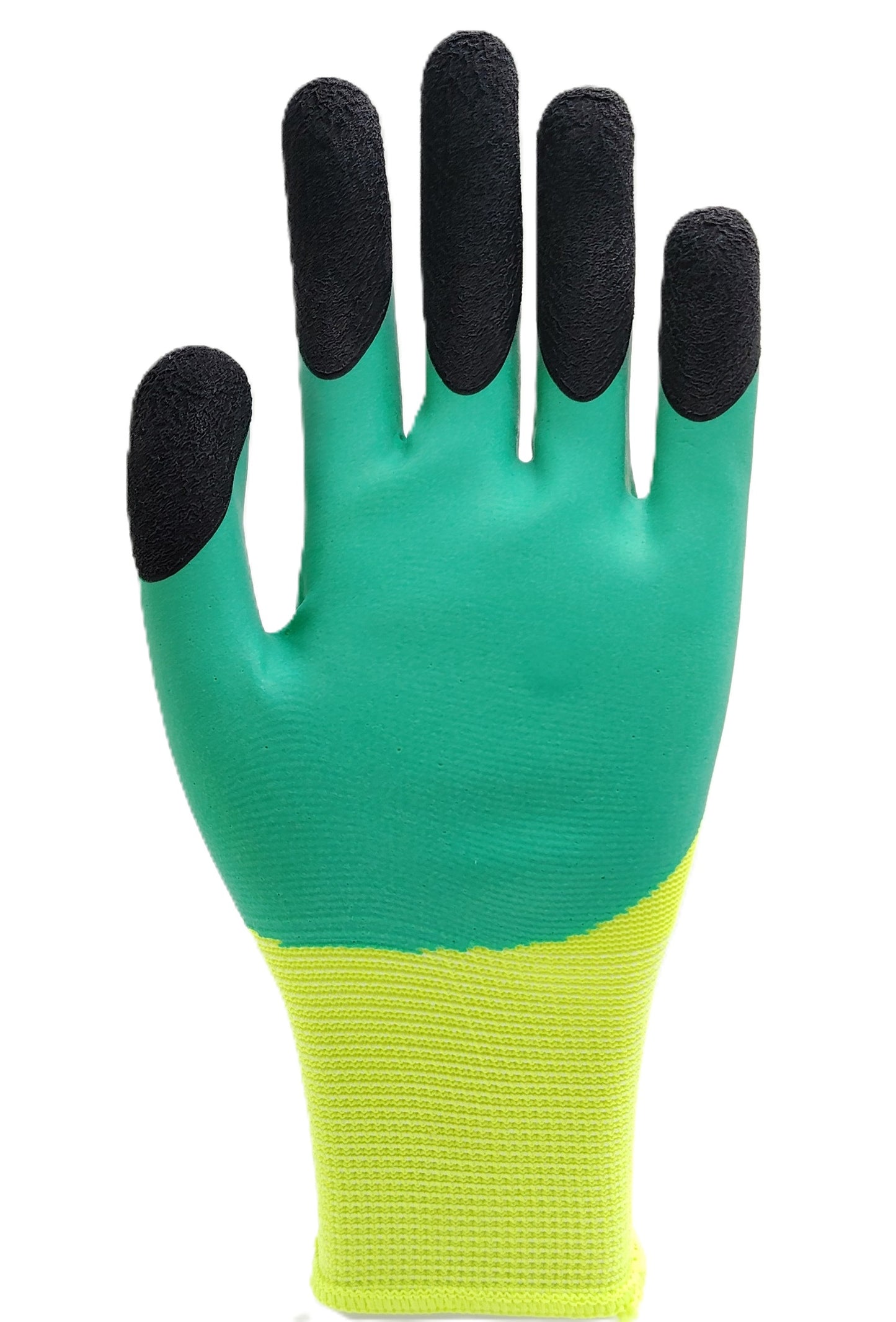 Green gardening glove with black and yellow accents on a white background