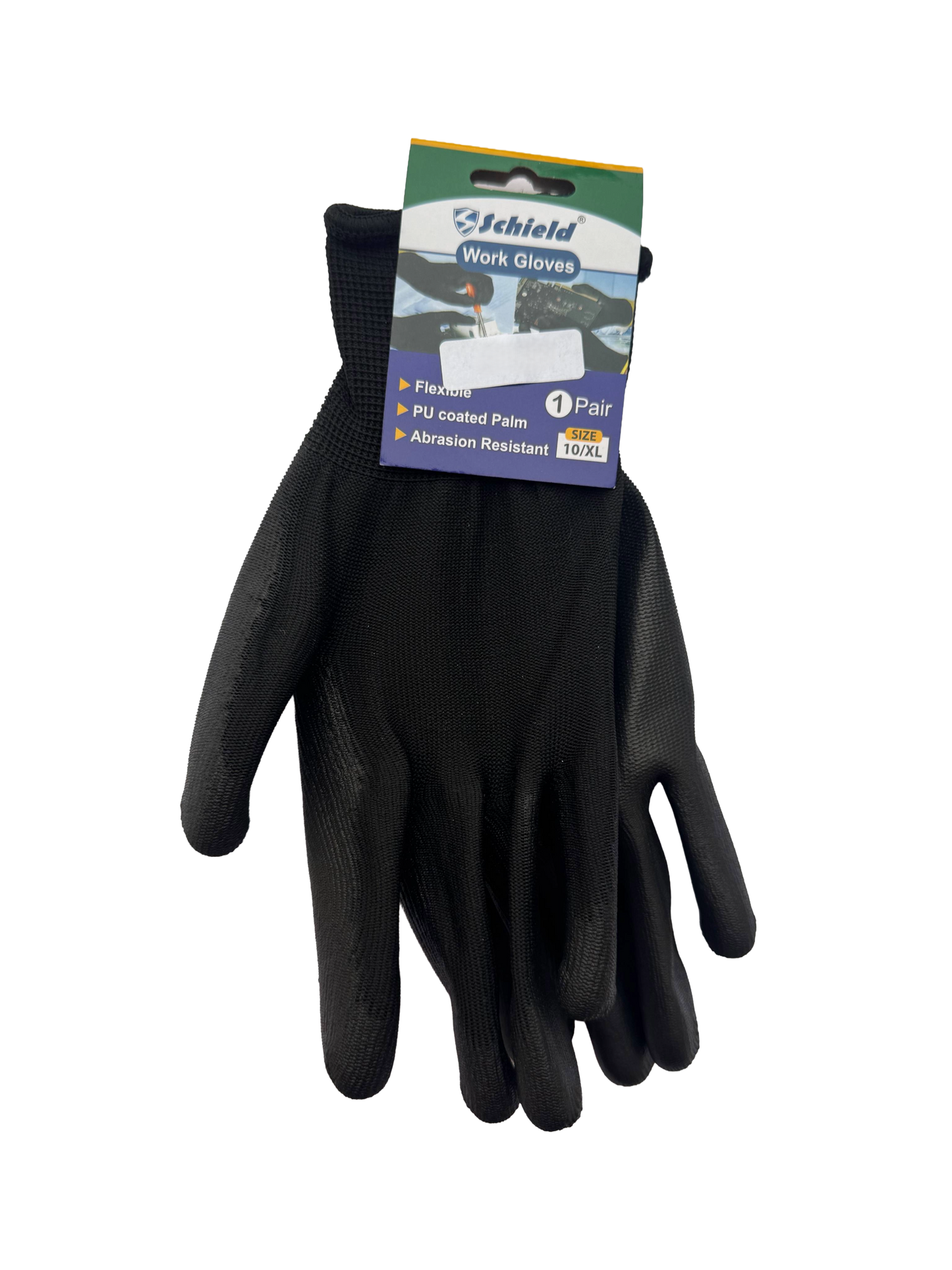 Schield® PU-Coated Precision Work Gloves  with product description tag.