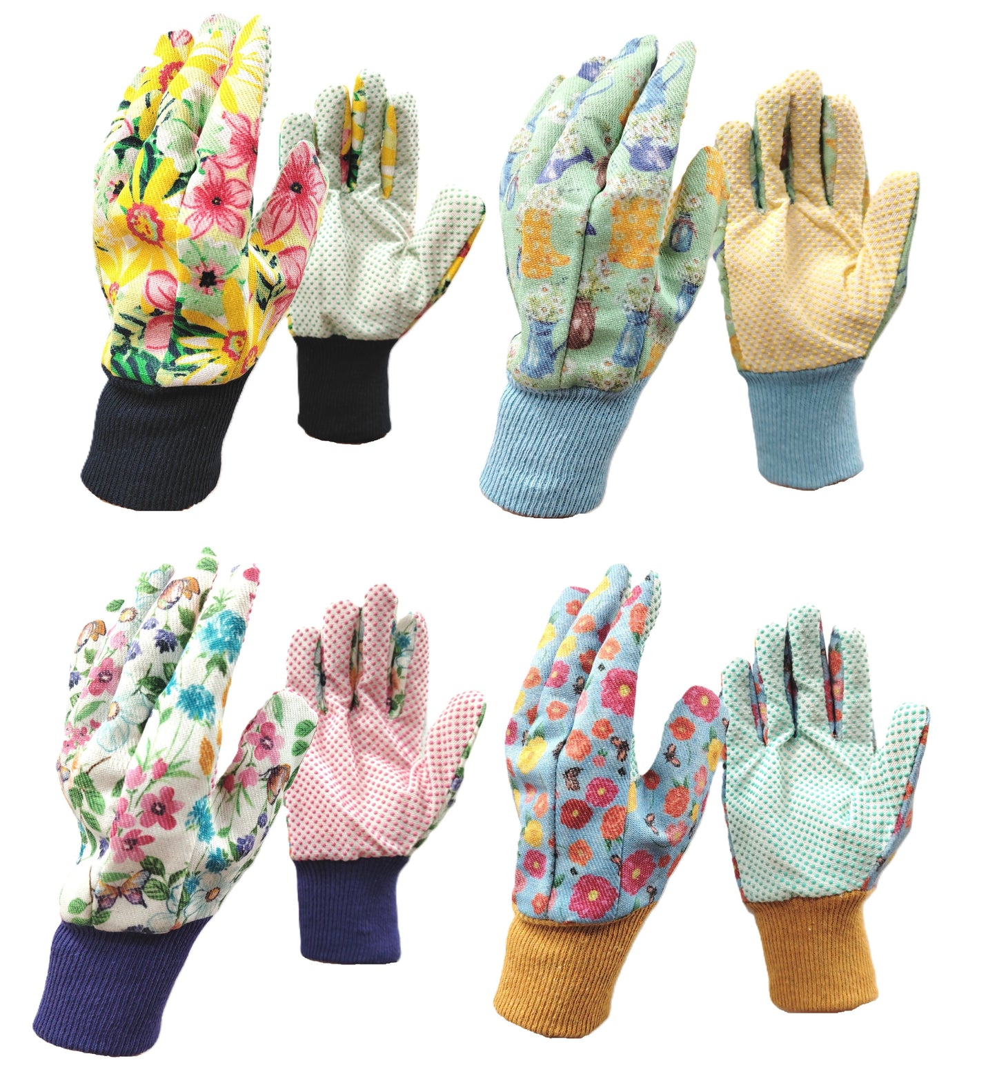 Set of colorful gardening gloves with floral and patterned designs on a white background