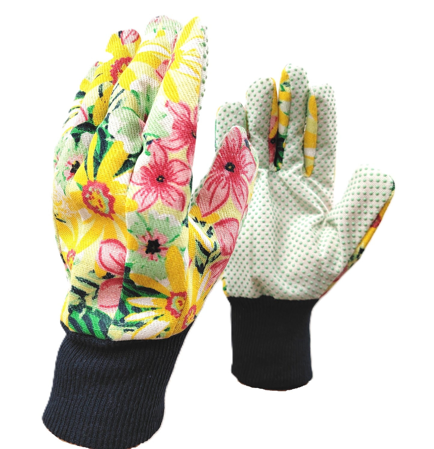 Pair of gardening gloves with floral pattern on one and textured palm on the other, on a white background.