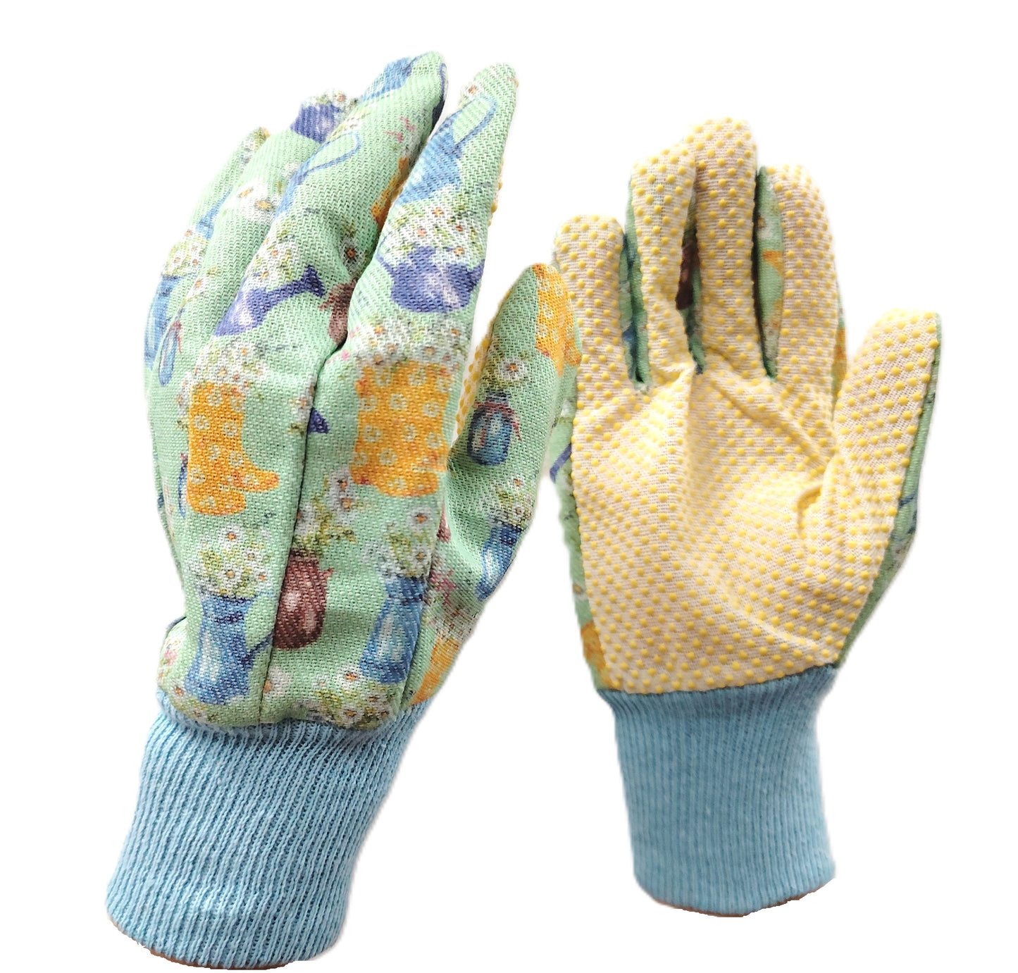 Pair of gardening gloves with floral pattern on one and yellow textured palm on the other, on a white background.