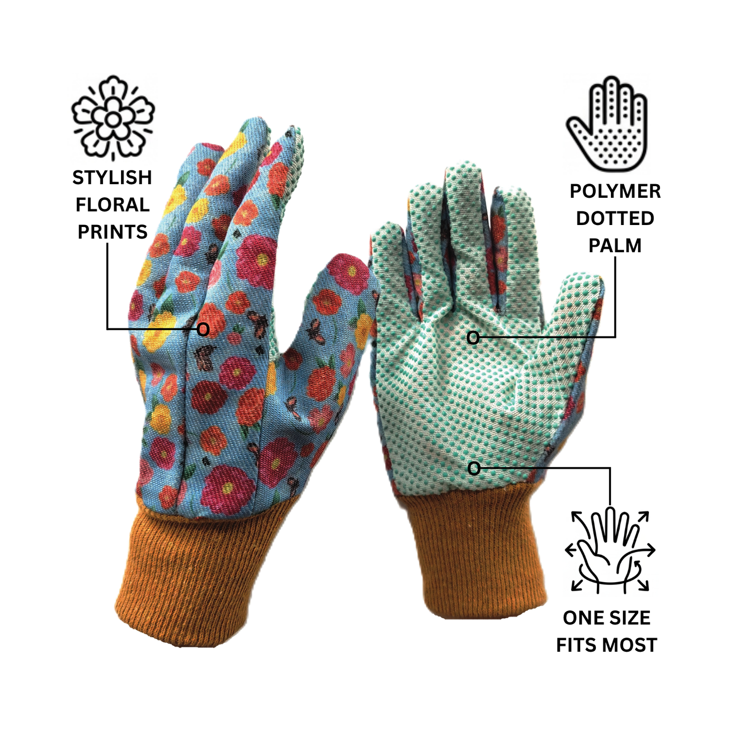 Schield® Premium Canvas Grip Gardening Gloves infographic highlighting polymer dotted palms, stylish floral prints.
