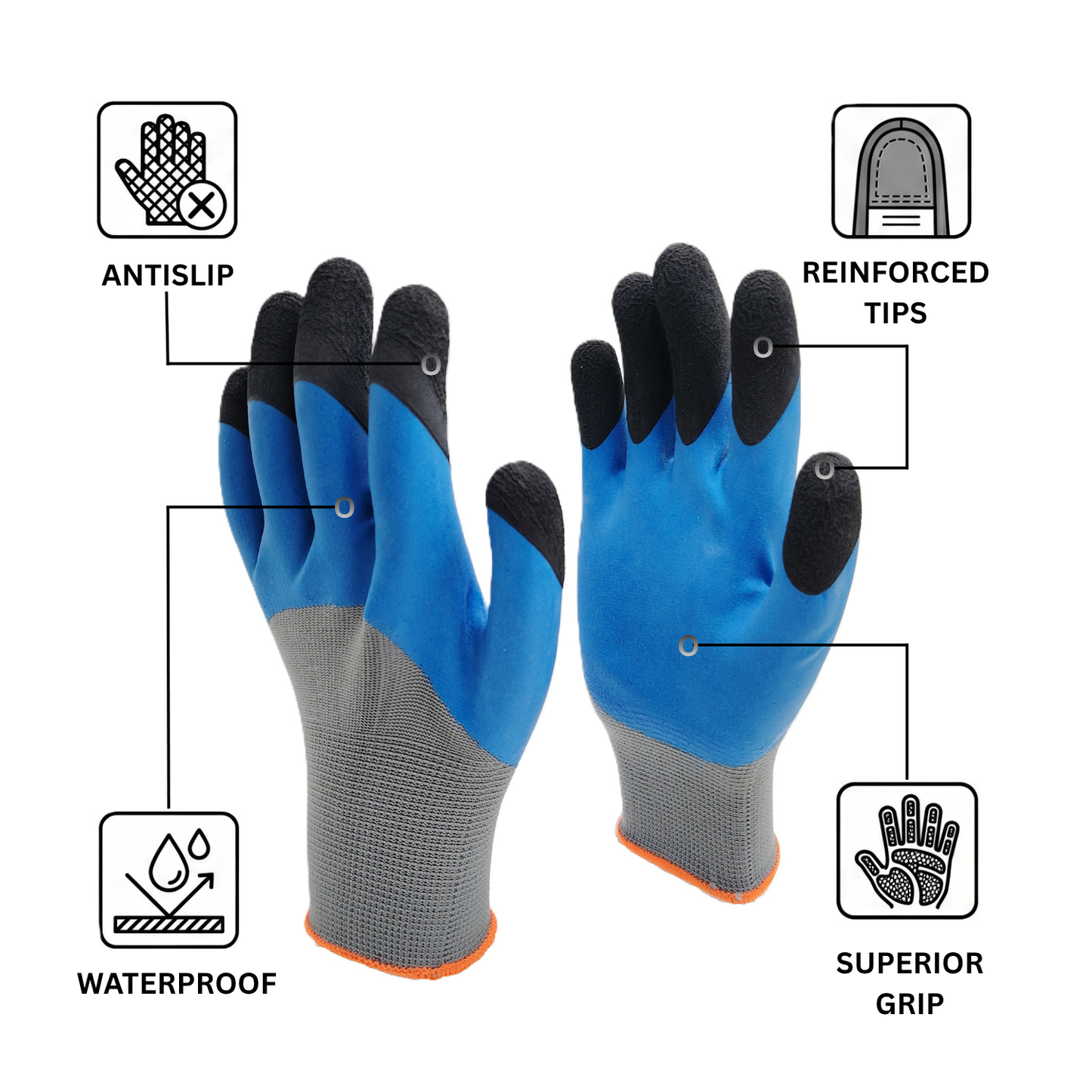 Schield® Premium Latex-Coated Work Gloves Infographic highlighting Reinforced fingure tips, Superior grip.
