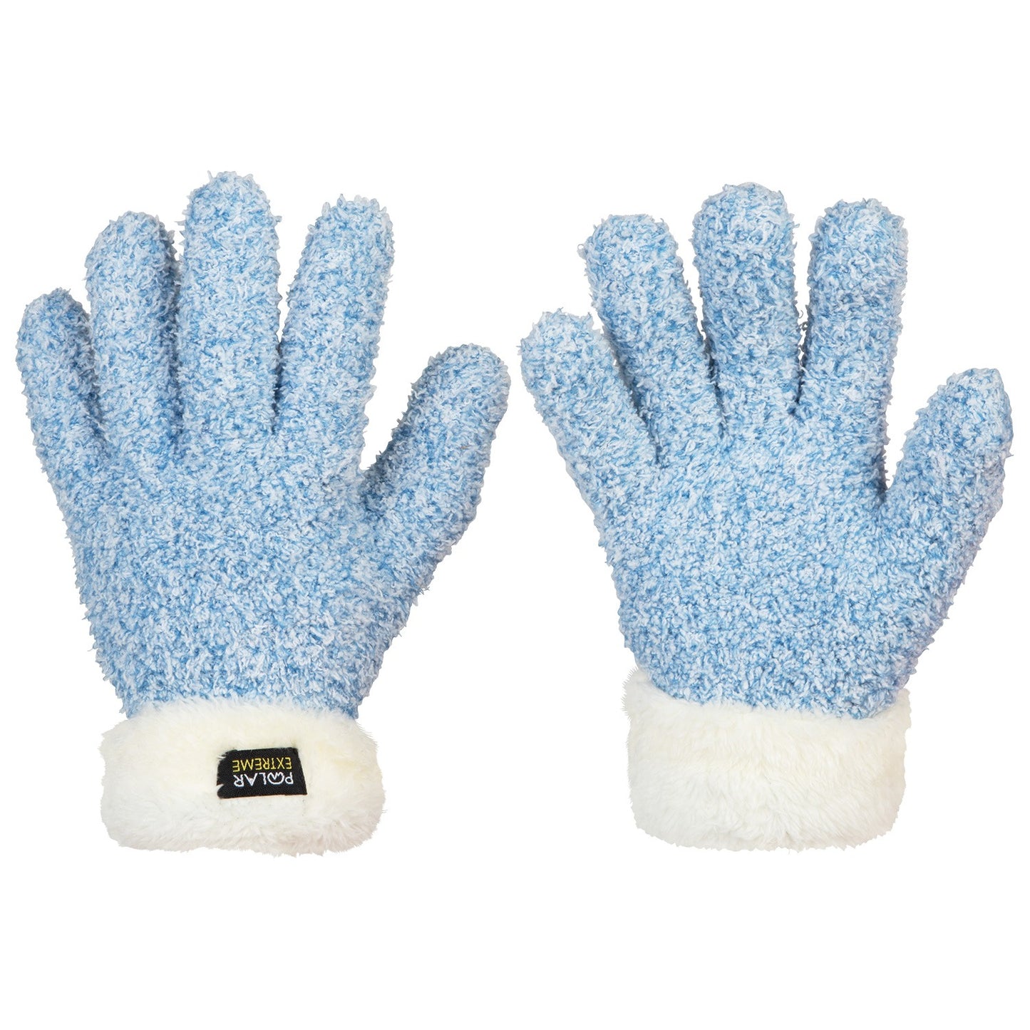 Pair of blue gloves with white cuffs on a white background