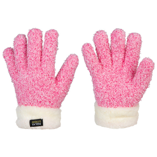 Pair of pink fuzzy gloves with white cuffs on a white background
