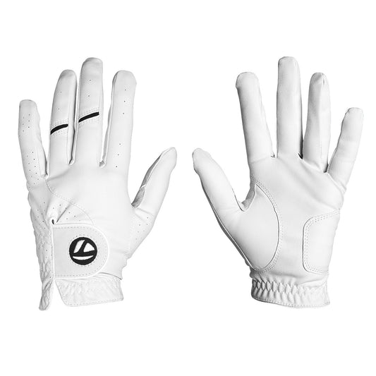 Pair of white golf gloves with a logo on a white background