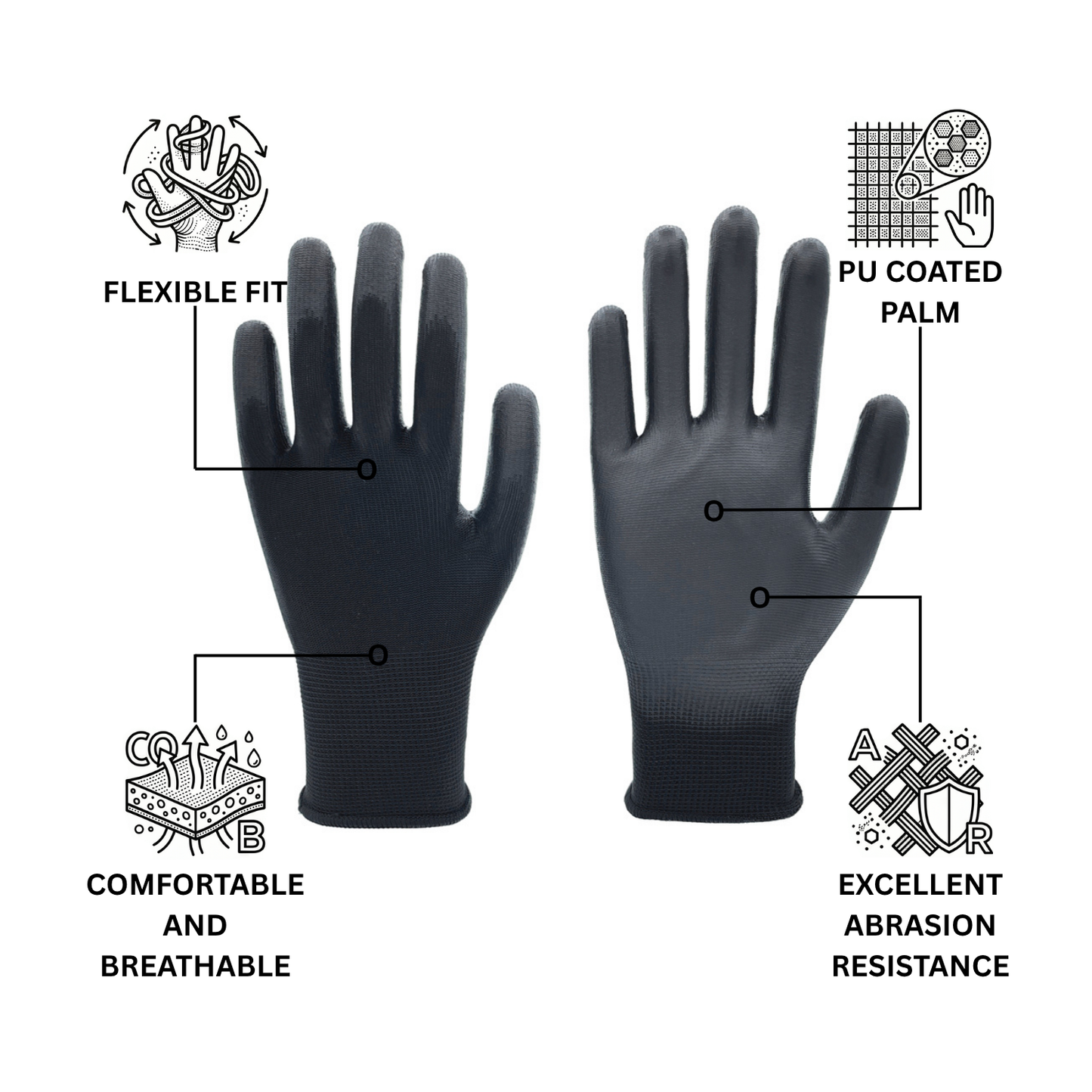 PU Coated Black Work Gloves