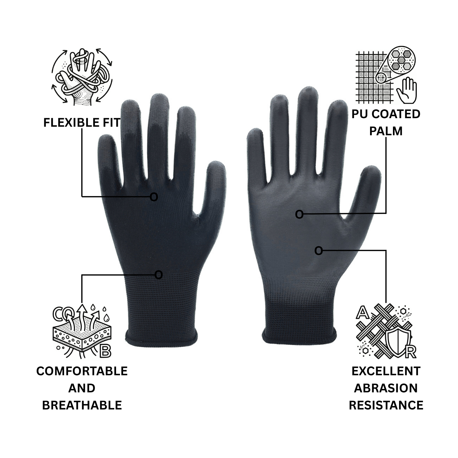 PU Coated Black Work Gloves