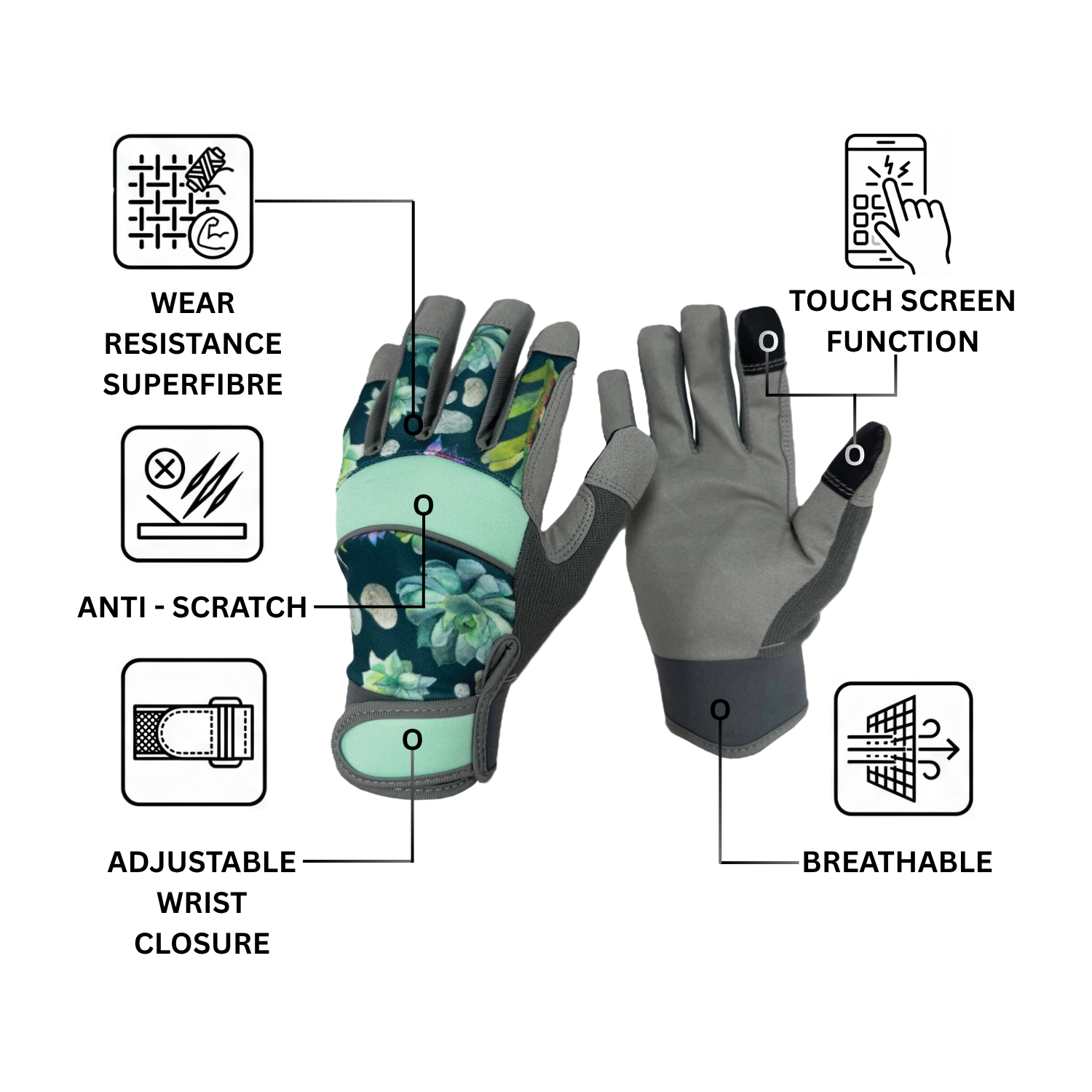 Premium Gardening Gloves Schield® Adjustable Wrist Closure, Touchscreen Compatible (Design: Twilight Bloom)