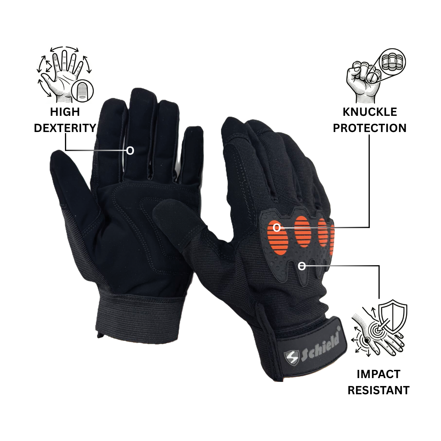 Professional Tactical Work Gloves Schield® Reinforced Knuckles, Impact Resistant