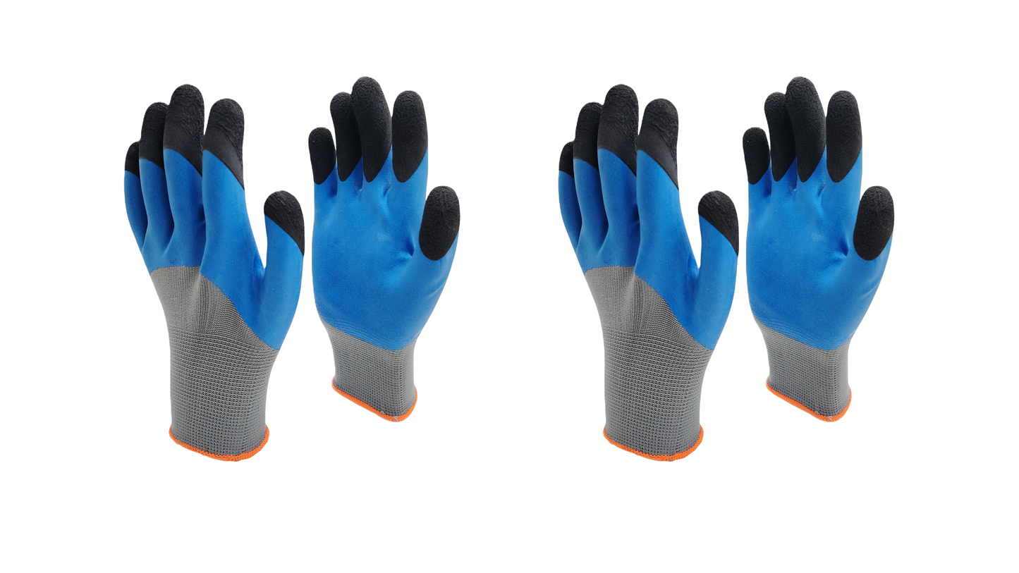 Pair of blue and gray gloves with black cuffs on a white background