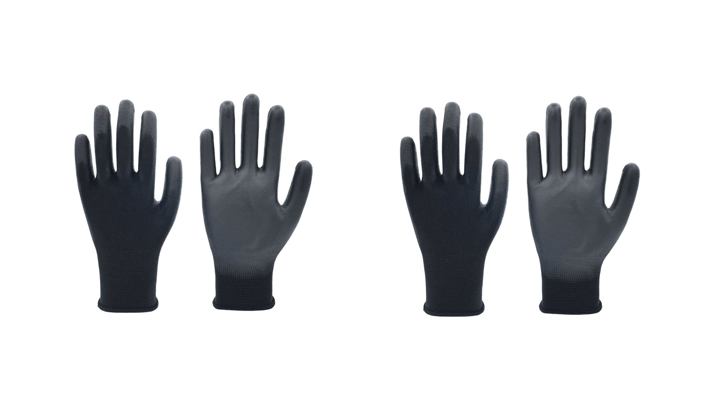 Four black gloves arranged in a row on a white background