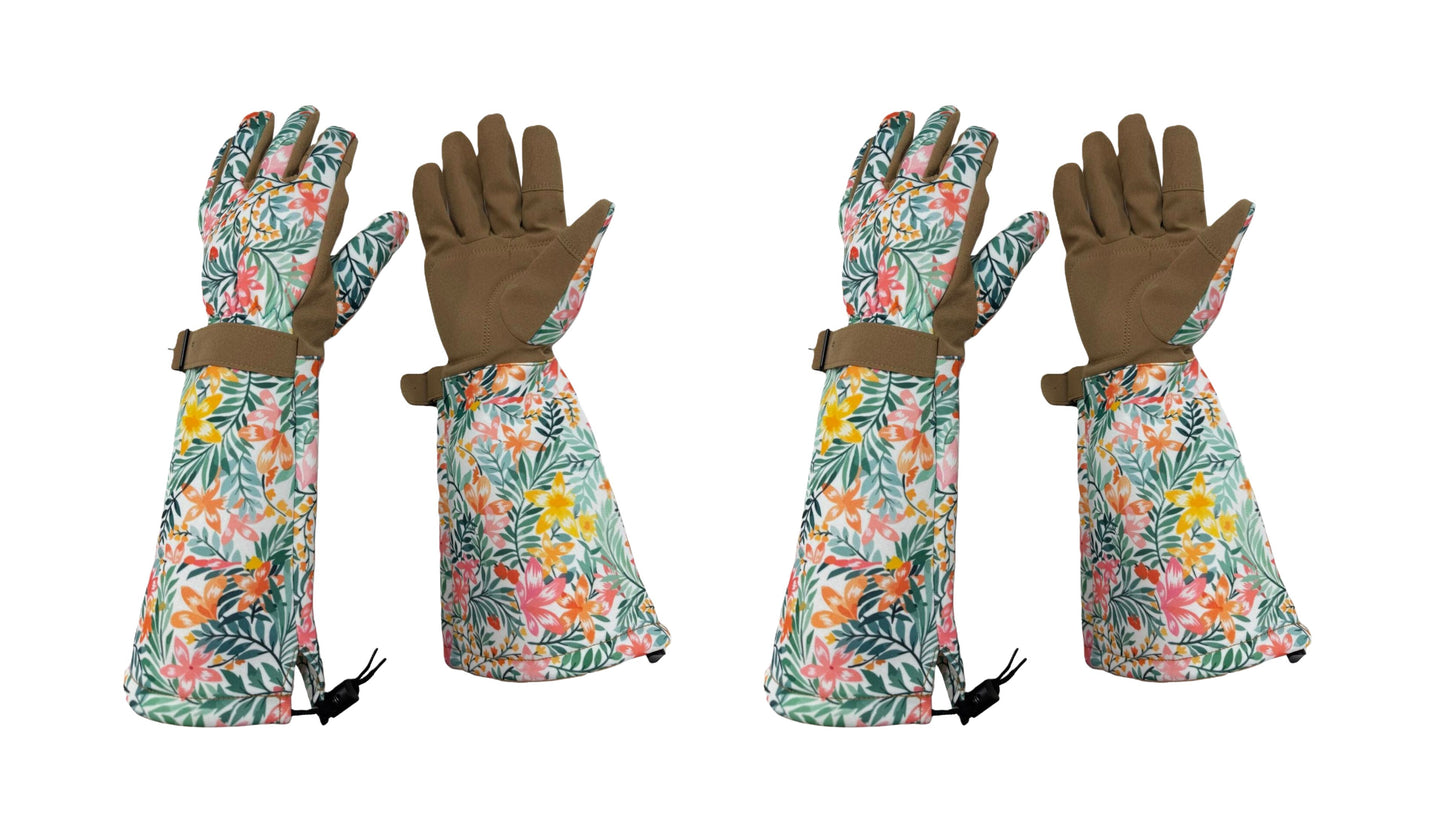 Pair of floral gardening gloves on a white background