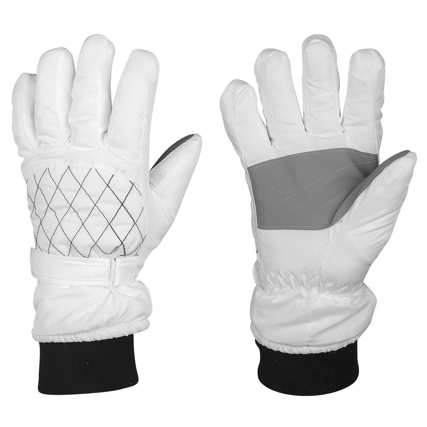 Pair of white gloves with black cuffs on a white background